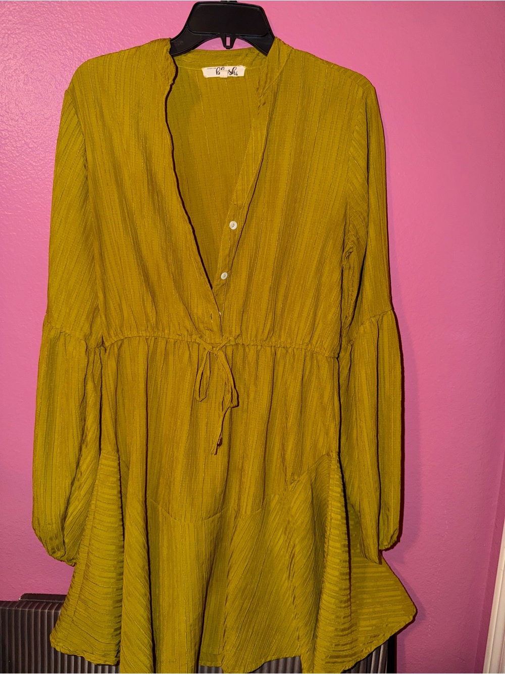 Blush Olive Green Long Sleeve V-Neck Babydoll Dress